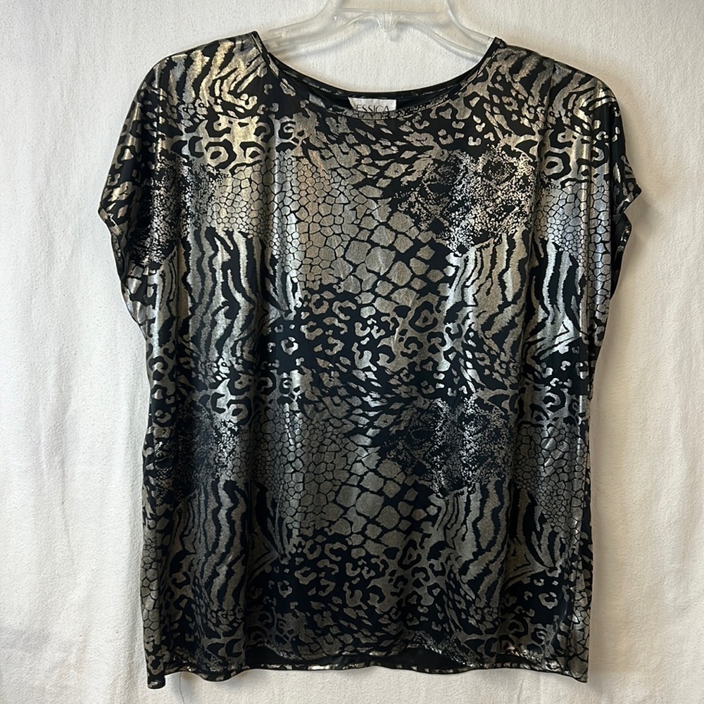 Jessica Steven’s Women’s Tunic in XL Shimmering Lame’ In Animal Print